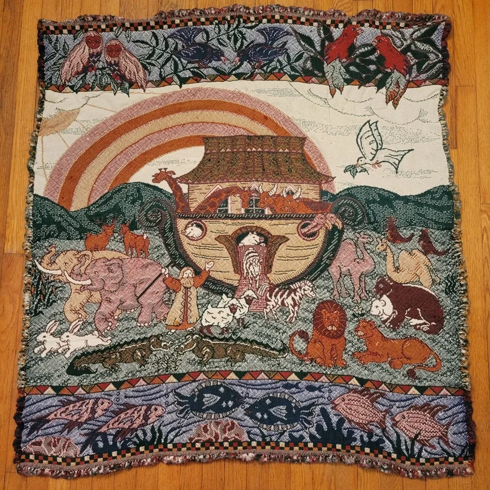Vintage 50x49 Throw Blanket Multicolor Woven Noahs Ark Animals Tapestry Afghan - Picture 1 of 5